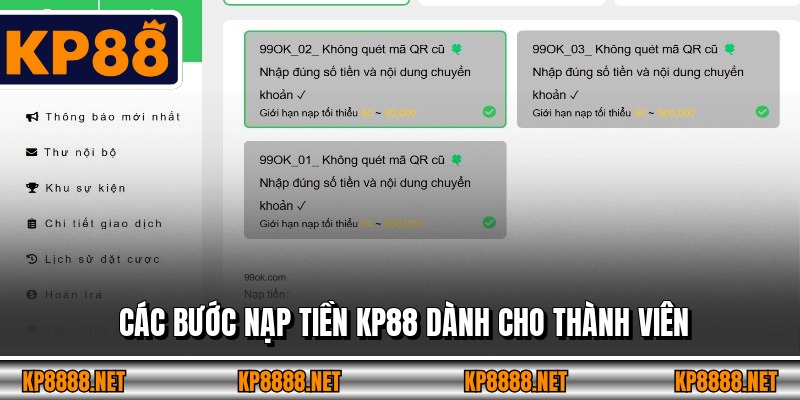 Các bước nạp tiền KP88 dành cho thành viên